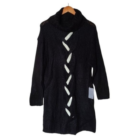 Solutions Chunky Knit Oversized Turtleneck Sweater Dress M Medium NWT Black Whit - Picture 3 of 12